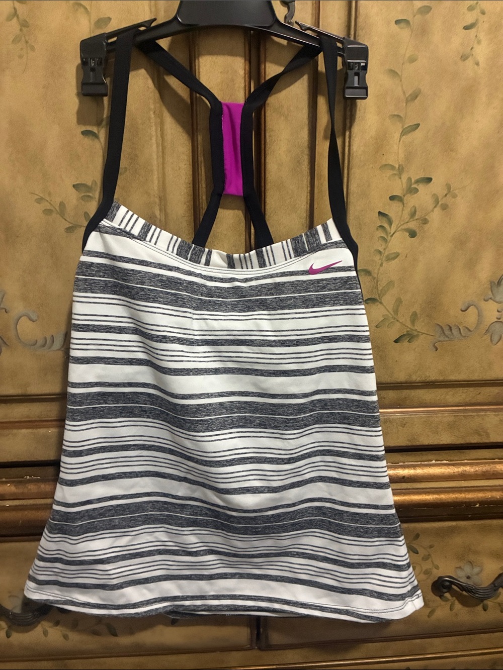 Nike Gray and White Striped Athletic Tank with Pink Swoosh